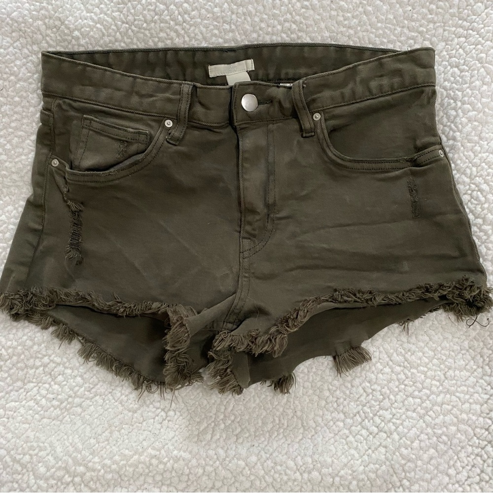 H&M Olive Green Jean Shorts Distressed Frayed Hem
